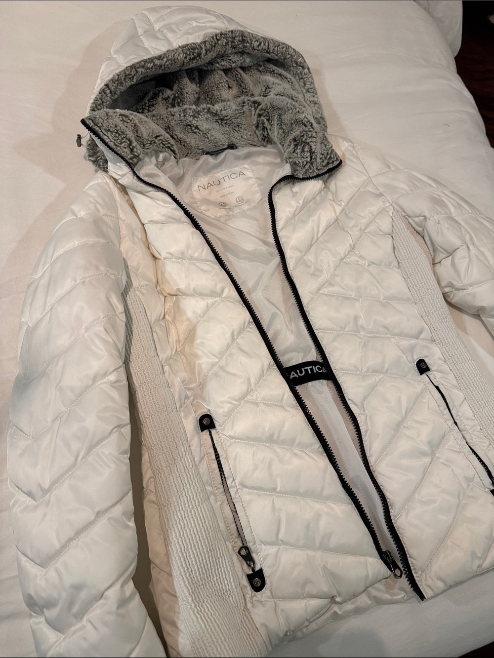 Nautica Women's White Quilted Hooded Puffer with Gray Faux-Fur Lining